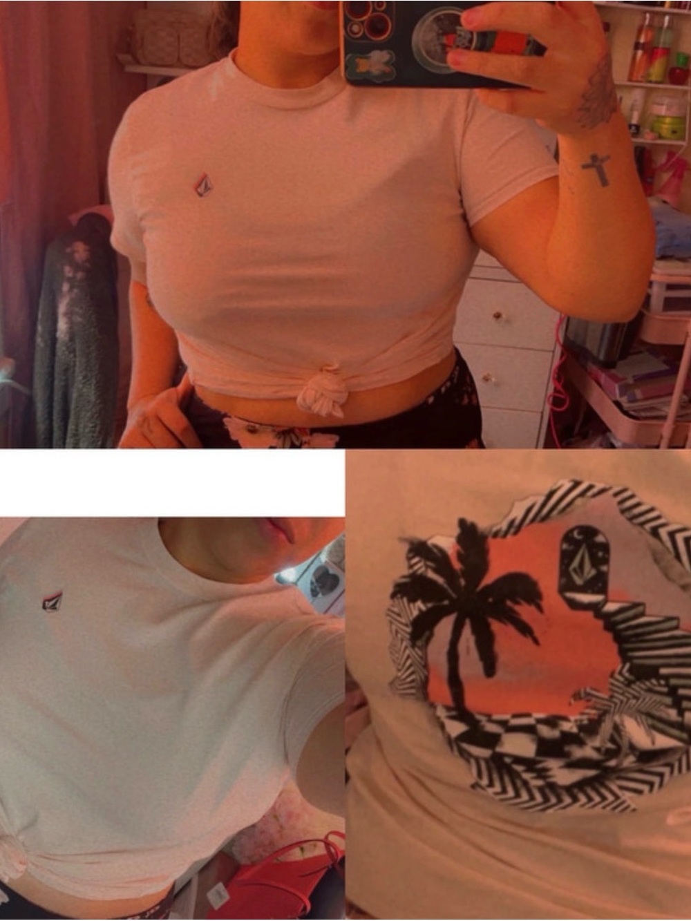 Volcom Light Pink Palm Graphic Tie-Front Crop Tee